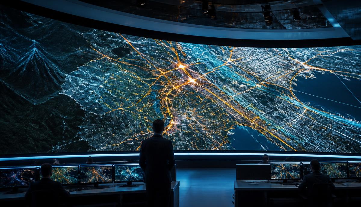 Command center with a large curved display showing layered GIS map data, satellite imagery, and glowing infrastructure networks