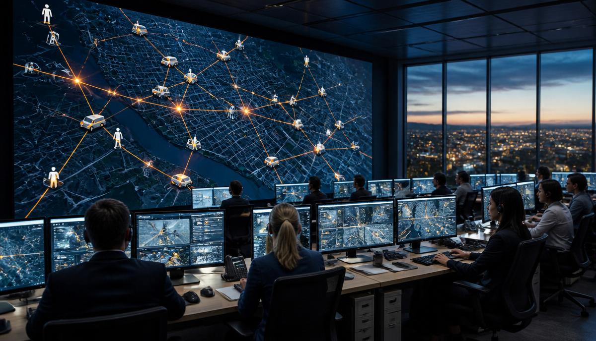 Operations center with a live map displaying connected vehicles, field crews, radios, and assets linked by glowing data lines